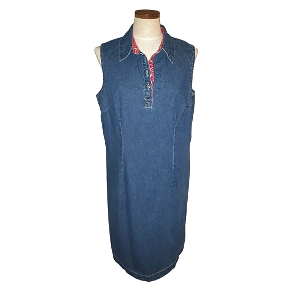 JG Hook Vintage Sleeveless Collared Red Bandana Neck Denim Sheath Jean Dress 16